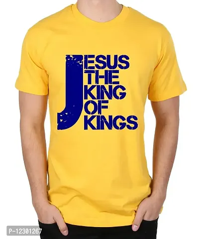 Caseria Men's Round Neck Cotton Half Sleeved T-Shirt with Printed Graphics - Jesus The King of Kings (Yellow, L)