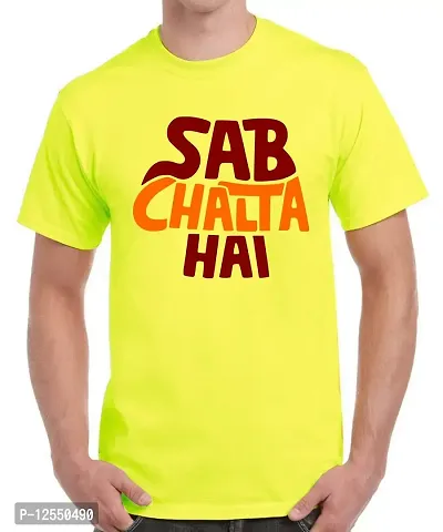 Caseria Men's Round Neck Cotton Half Sleeved T-Shirt with Printed Graphics - Sab Chalta Hai (Lemon Yellow, XXL)-thumb0