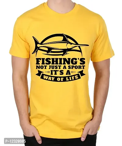 Caseria Men's Round Neck Cotton Half Sleeved T-Shirt with Printed Graphics - Way of Life Fishing (Yellow, XL)-thumb0