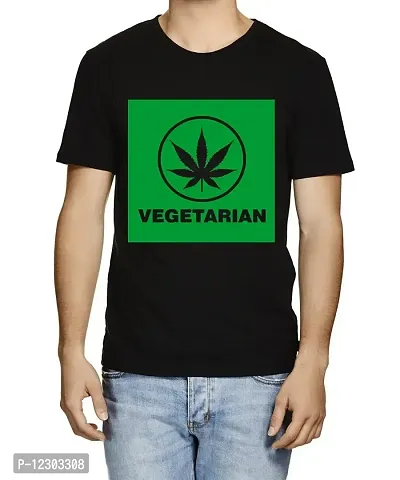 Caseria Men's Round Neck Cotton Half Sleeved T-Shirt with Printed Graphics - Weed Vegetarian (Black, SM)