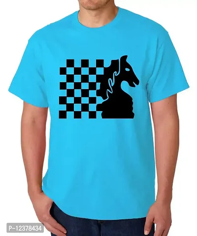 Caseria Men's Round Neck Cotton Half Sleeved T-Shirt with Printed Graphics - Knight Chess (Sky Blue, L)-thumb0