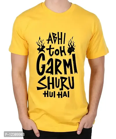 Caseria Men's Round Neck Cotton Half Sleeved T-Shirt with Printed Graphics - Abhi Toh Garmi Shuru Hui Hai (Yellow, SM)