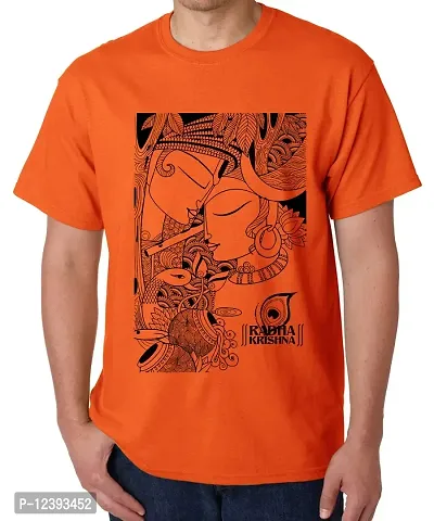 Caseria Men's Round Neck Cotton Half Sleeved T-Shirt with Printed Graphics - Radha Krishna (Orange, SM)