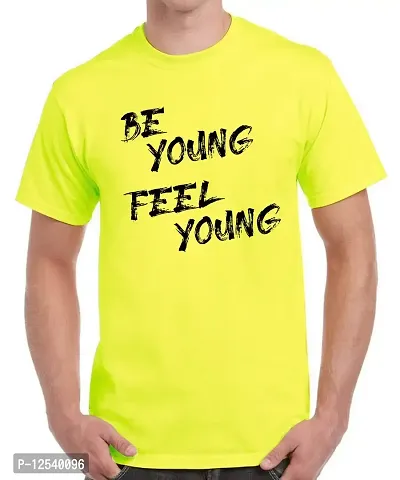 Caseria Men's Round Neck Cotton Half Sleeved T-Shirt with Printed Graphics - Be Young Feel Young (Lemon Yellow, XL)-thumb0