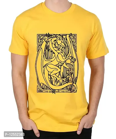 Caseria Men's Round Neck Cotton Half Sleeved T-Shirt with Printed Graphics - Dragon Card (Yellow, XL)