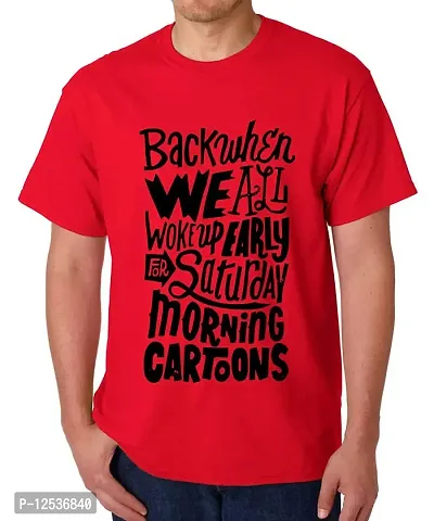 Caseria Men's Round Neck Cotton Half Sleeved T-Shirt with Printed Graphics - Back Morning Cartoon (Red, L)-thumb0