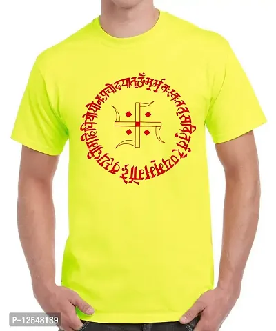 Caseria Men's Round Neck Cotton Half Sleeved T-Shirt with Printed Graphics - Swastika (Lemon Yellow, MD)-thumb0