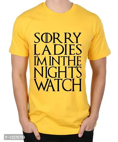 Caseria Men's Round Neck Cotton Half Sleeved T-Shirt with Printed Graphics - Sorry Ladies Nights Watch (Yellow, MD)