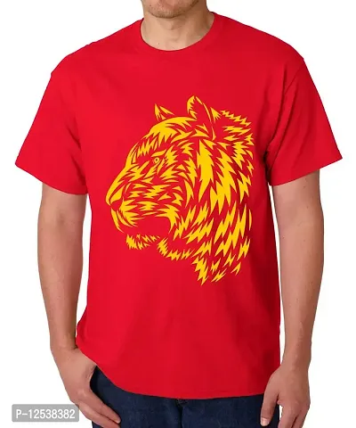 Caseria Men's Round Neck Cotton Half Sleeved T-Shirt with Printed Graphics - Tiger Pattern (Red, MD)-thumb0