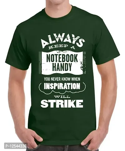 Caseria Men's Round Neck Cotton Half Sleeved T-Shirt with Printed Graphics - Always Keeps A Notebook (Bottel Green, L)