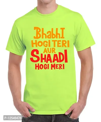 Caseria Men's Round Neck Cotton Half Sleeved T-Shirt with Printed Graphics - Bhabhi Shaadi (Liril Green, SM)-thumb0