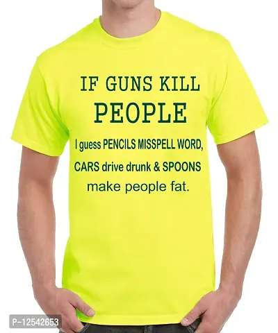 Caseria Men's Round Neck Cotton Half Sleeved T-Shirt with Printed Graphics - Guns Kill People (Lemon Yellow, SM)-thumb0