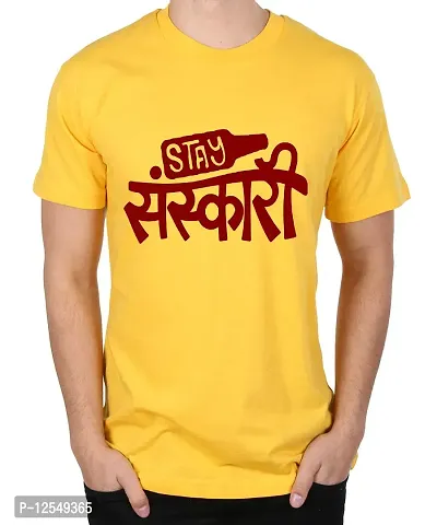 Caseria Men's Round Neck Cotton Half Sleeved T-Shirt with Printed Graphics - Stay SANSKARI (Yellow, MD)-thumb0