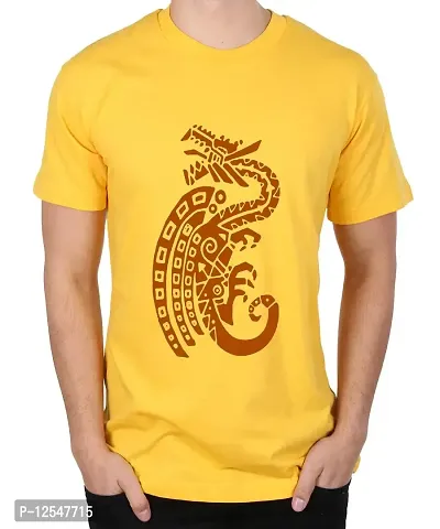 Caseria Men's Round Neck Cotton Half Sleeved T-Shirt with Printed Graphics - Animal Tatoo (Yellow, MD)