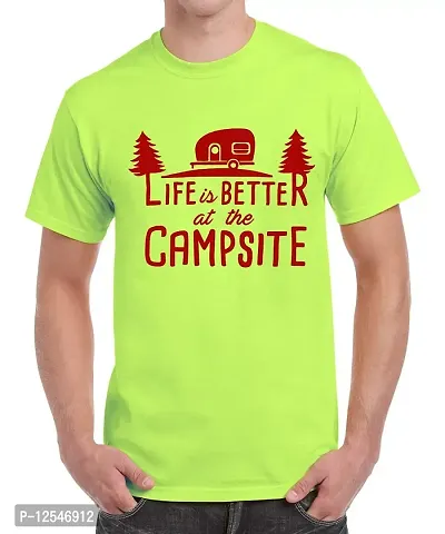 Caseria Men's Round Neck Cotton Half Sleeved T-Shirt with Printed Graphics - Better at The Campsite (Liril Green, SM)