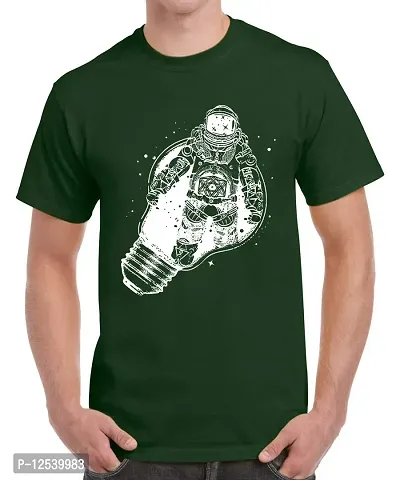 Caseria Men's Round Neck Cotton Half Sleeved T-Shirt with Printed Graphics - Bulb Astronauts (Bottel Green, XXL)-thumb0