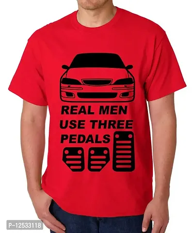 Caseria Men's Round Neck Cotton Half Sleeved T-Shirt with Printed Graphics - Real Men Three Pedals (Red, MD)