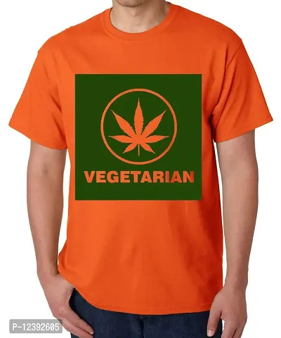 Caseria Men's Round Neck Cotton Half Sleeved T-Shirt with Printed Graphics - Weed Vegetarian (Orange, L)-thumb0