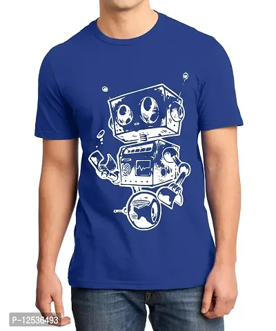 Caseria Men's Round Neck Cotton Half Sleeved T-Shirt with Printed Graphics - Robot Kid (Royal Blue, L)