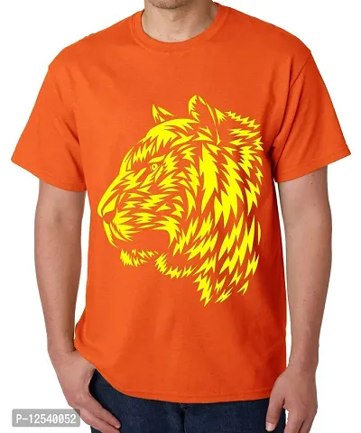 Caseria Men's Round Neck Cotton Half Sleeved T-Shirt with Printed Graphics - Tiger Pattern (Orange, MD)