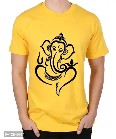 Caseria Men's Round Neck Cotton Half Sleeved T-Shirt with Printed Graphics - Shree Ganesh Maharaj (Yellow, L)