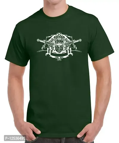 Caseria Men's Round Neck Cotton Half Sleeved T-Shirt with Printed Graphics - Heraldry Helmets Swords (Bottel Green, XL)