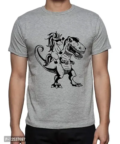 Caseria Men's Round Neck Cotton Half Sleeved T-Shirt with Printed Graphics - Horse Dinosaur (Grey, L)