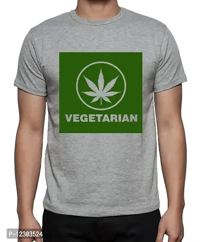 Caseria Men's Round Neck Cotton Half Sleeved T-Shirt with Printed Graphics - Weed Vegetarian (Grey, XL)