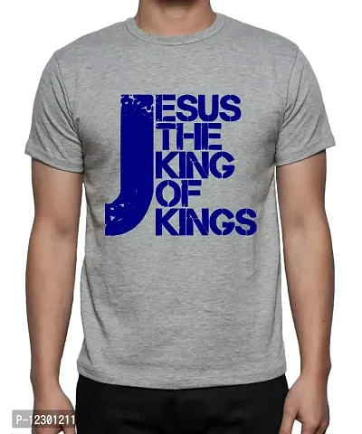 Caseria Men's Round Neck Cotton Half Sleeved T-Shirt with Printed Graphics - Jesus The King of Kings (Grey, L)-thumb0