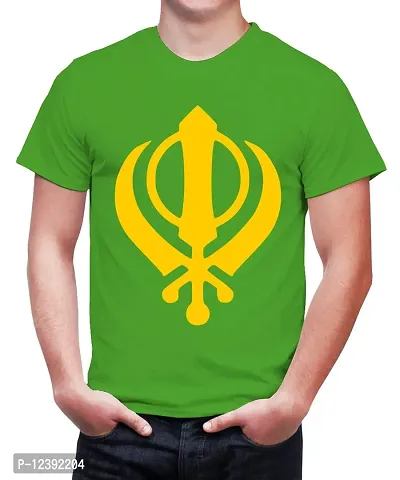 Caseria Men's Round Neck Cotton Half Sleeved T-Shirt with Printed Graphics - Sikh Khanda (Parrot Green, XXL)