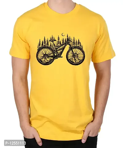 Caseria Men's Round Neck Cotton Half Sleeved T-Shirt with Printed Graphics - Cycle Forest (Yellow, XL)-thumb0