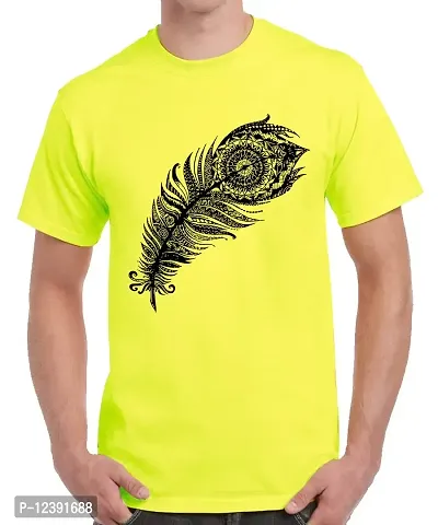 Caseria Men's Round Neck Cotton Half Sleeved T-Shirt with Printed Graphics - Peacock Feather (Lemon Yellow, XL)