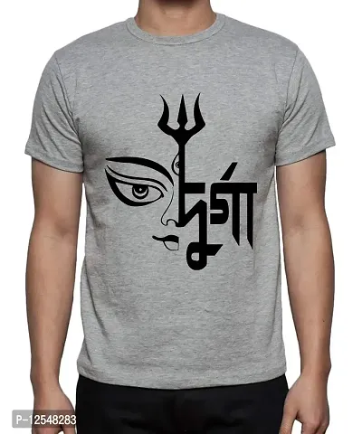 Caseria Men's Round Neck Cotton Half Sleeved T-Shirt with Printed Graphics - Durga Puja (Grey, SM)-thumb0