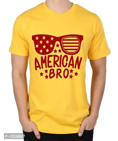 Caseria Men's Round Neck Cotton Half Sleeved T-Shirt with Printed Graphics - American Bro (Yellow, L)-thumb0