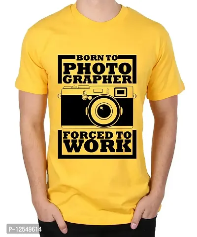 Caseria Men's Round Neck Cotton Half Sleeved T-Shirt with Printed Graphics - Born to Photographer (Yellow, MD)