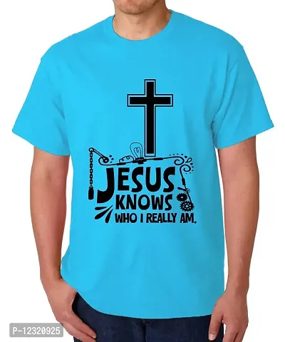 Caseria Men's Round Neck Cotton Half Sleeved T-Shirt with Printed Graphics - Jesus Knows Who I Am (Sky Blue, XL)-thumb0