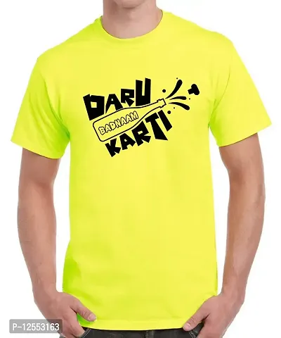 Caseria Men's Round Neck Cotton Half Sleeved T-Shirt with Printed Graphics - Daru Badnaam (Lemon Yellow, XL)