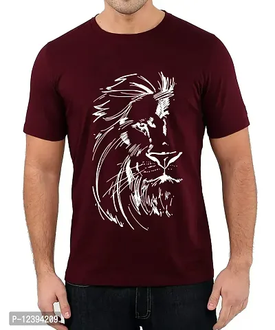 Caseria Men's Round Neck Cotton Half Sleeved T-Shirt with Printed Graphics - Lion Face (Maroon, XXL)-thumb0