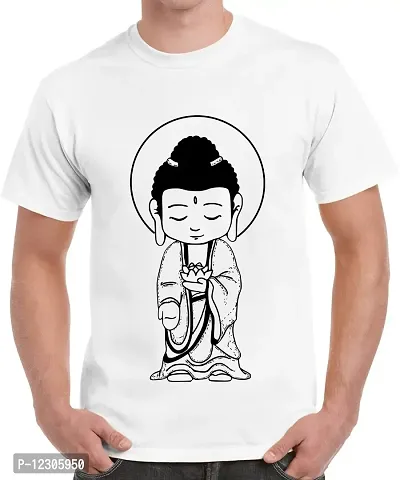 Caseria Men's Round Neck Cotton Half Sleeved T-Shirt with Printed Graphics - Kid Buddha (White, L)