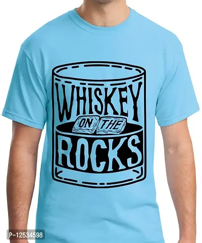 Caseria Men's Round Neck Cotton Half Sleeved T-Shirt with Printed Graphics - Whiskey On The Rocks (Sky Blue, MD)