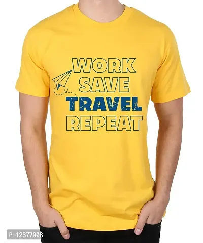 Caseria Men's Round Neck Cotton Half Sleeved T-Shirt with Printed Graphics - Work Save Travel Repeat (Yellow, MD)