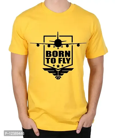 Caseria Men's Round Neck Cotton Half Sleeved T-Shirt with Printed Graphics - Born to Fly (Yellow, MD)