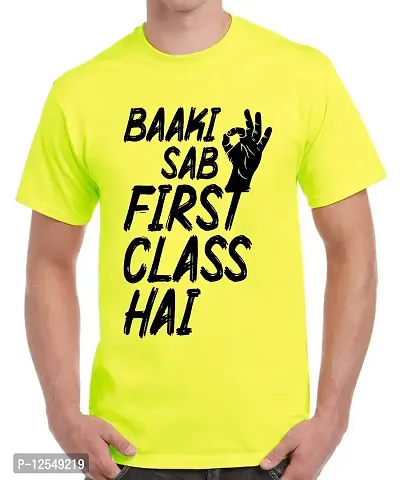 Caseria Men's Round Neck Cotton Half Sleeved T-Shirt with Printed Graphics - Baaki Sab First Class (Lemon Yellow, MD)-thumb0