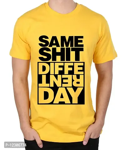 Caseria Men's Round Neck Cotton Half Sleeved T-Shirt with Printed Graphics - Same Shit Different Day (Yellow, XL)