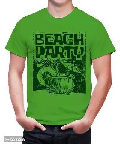 Caseria Men's Round Neck Cotton Half Sleeved T-Shirt with Printed Graphics - Beach Party (Parrot Green, XL)