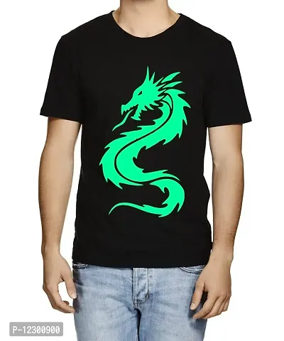 Caseria Men's Round Neck Cotton Half Sleeved T-Shirt with Printed Graphics - Chinese Dragon (Black, XL)