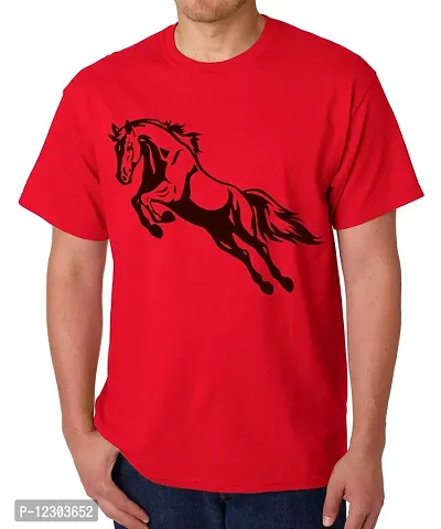 Caseria Men's Round Neck Cotton Half Sleeved T-Shirt with Printed Graphics - Race Horse (Red, XL)-thumb0