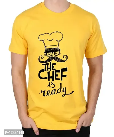 Caseria Men's Round Neck Cotton Half Sleeved T-Shirt with Printed Graphics - The Chef is Ready (Yellow, L)-thumb0