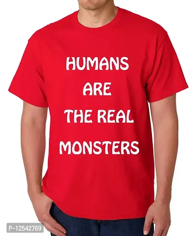 Caseria Men's Round Neck Cotton Half Sleeved T-Shirt with Printed Graphics - Real Monsters (Red, XL)