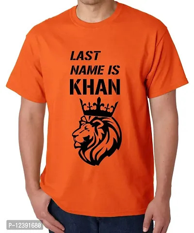 Caseria Men's Round Neck Cotton Half Sleeved T-Shirt with Printed Graphics - Last Name is Khan (Orange, MD)